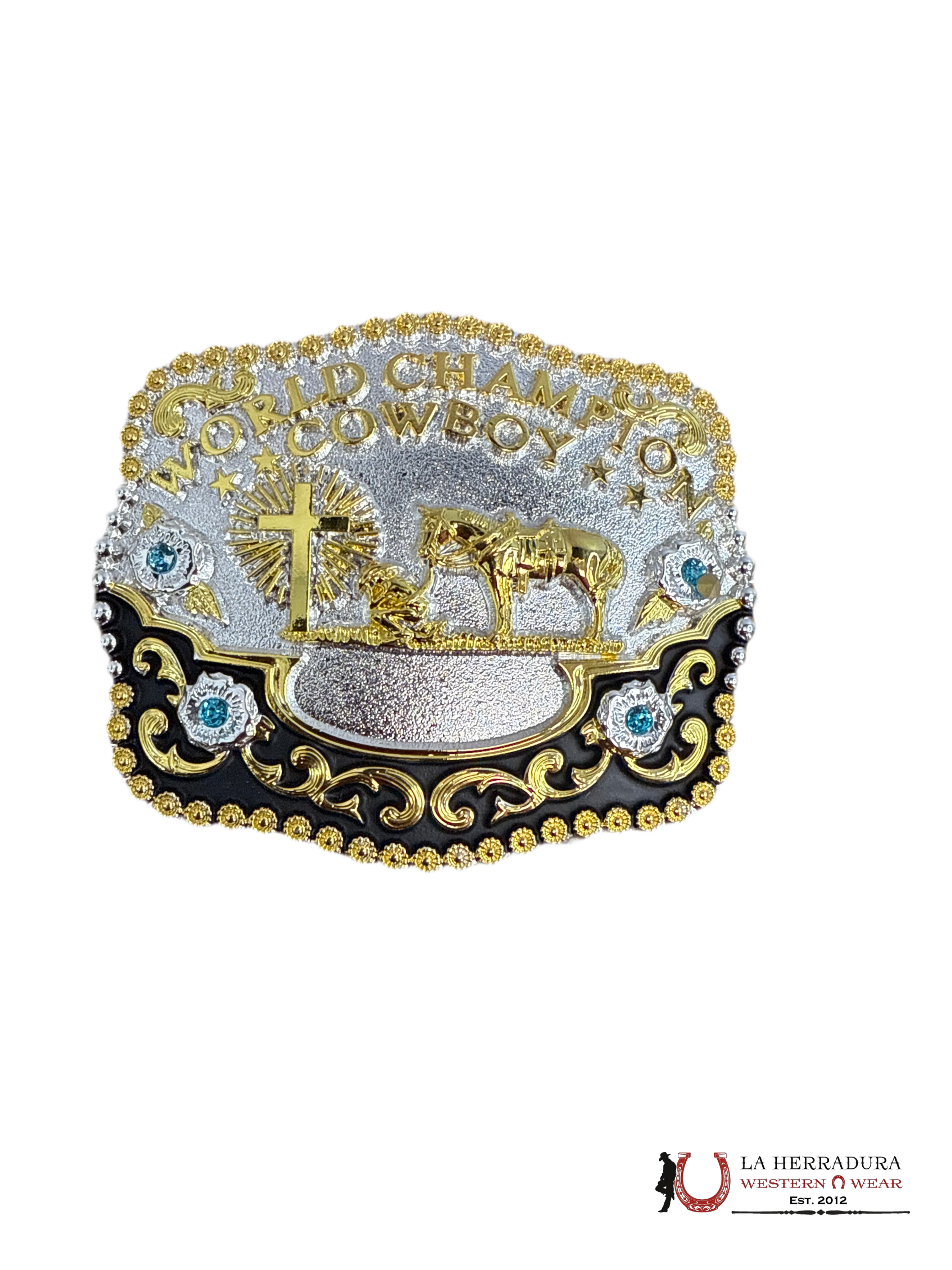 SILVER & GOLD WORLD CHAMPION COWBOY ROUND BUCKLE 22 ACCESORIOS