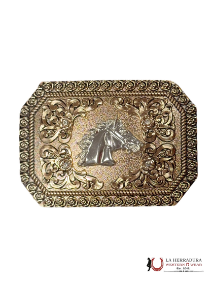 SILVER HORSE FLORAL DETAILS SQUARE BUCKLE