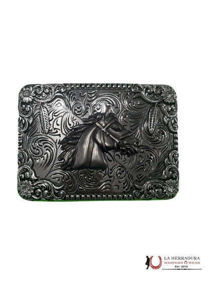 HEBILLA CUADRADA CON ESQUINA REDONDEADA Y CABEZA DE CABALLO PLATEADA CON FLOR
