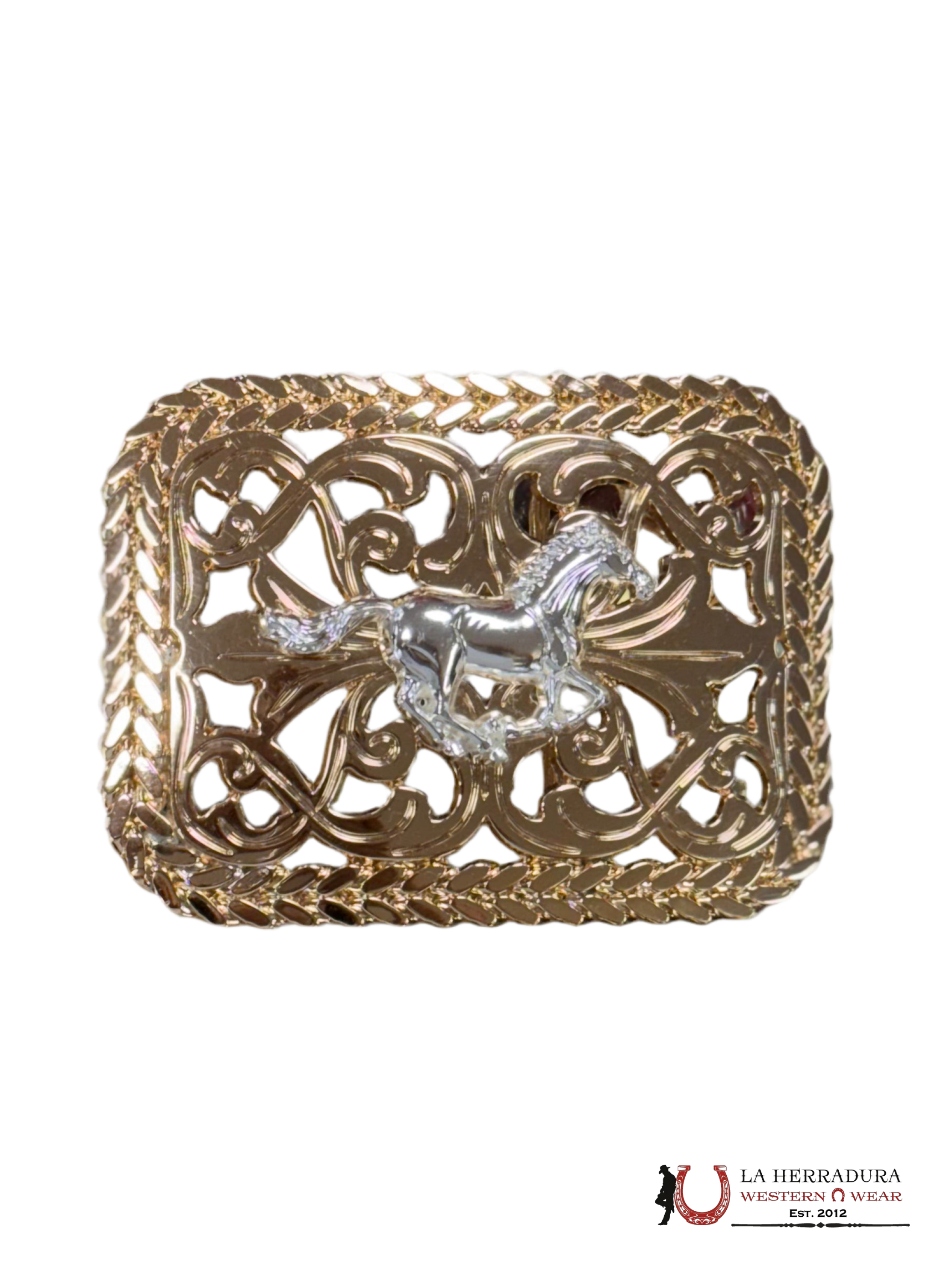 SILVER HORSE RUNNING ALL GOLD SQUARE BUCKLE ACCESORIOS