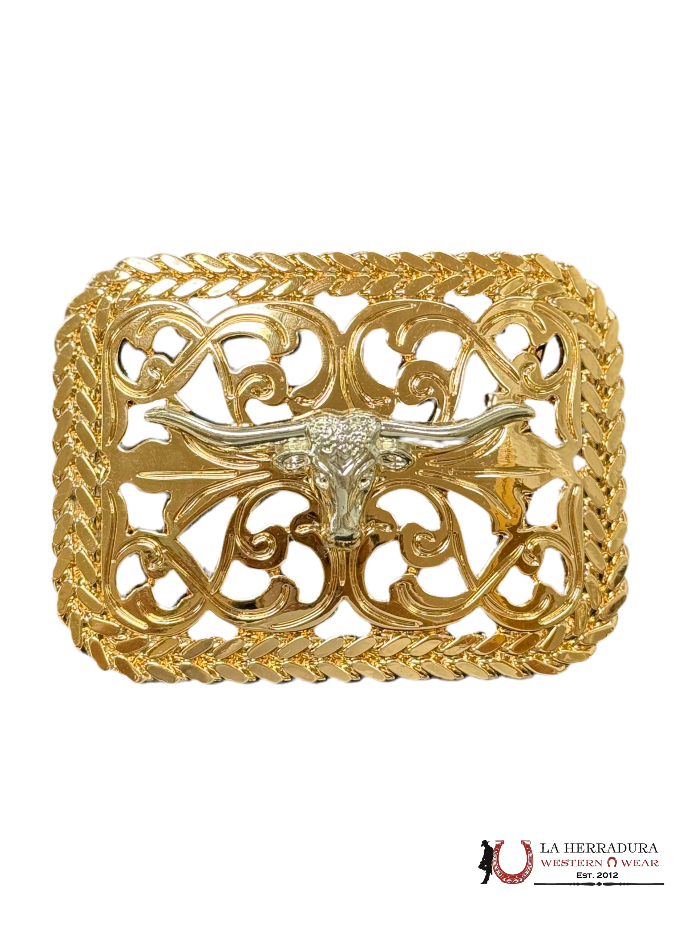 SILVER LONG HORM FLORAL SQUARE BUCKLE ACCESORIOS