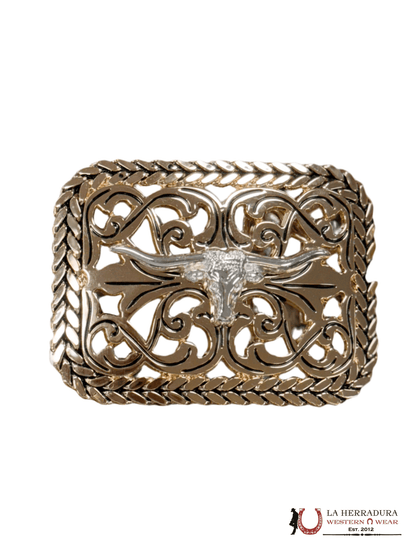SILVER LONG HORN BLACK DETAILS SQUARE BUCKLE
