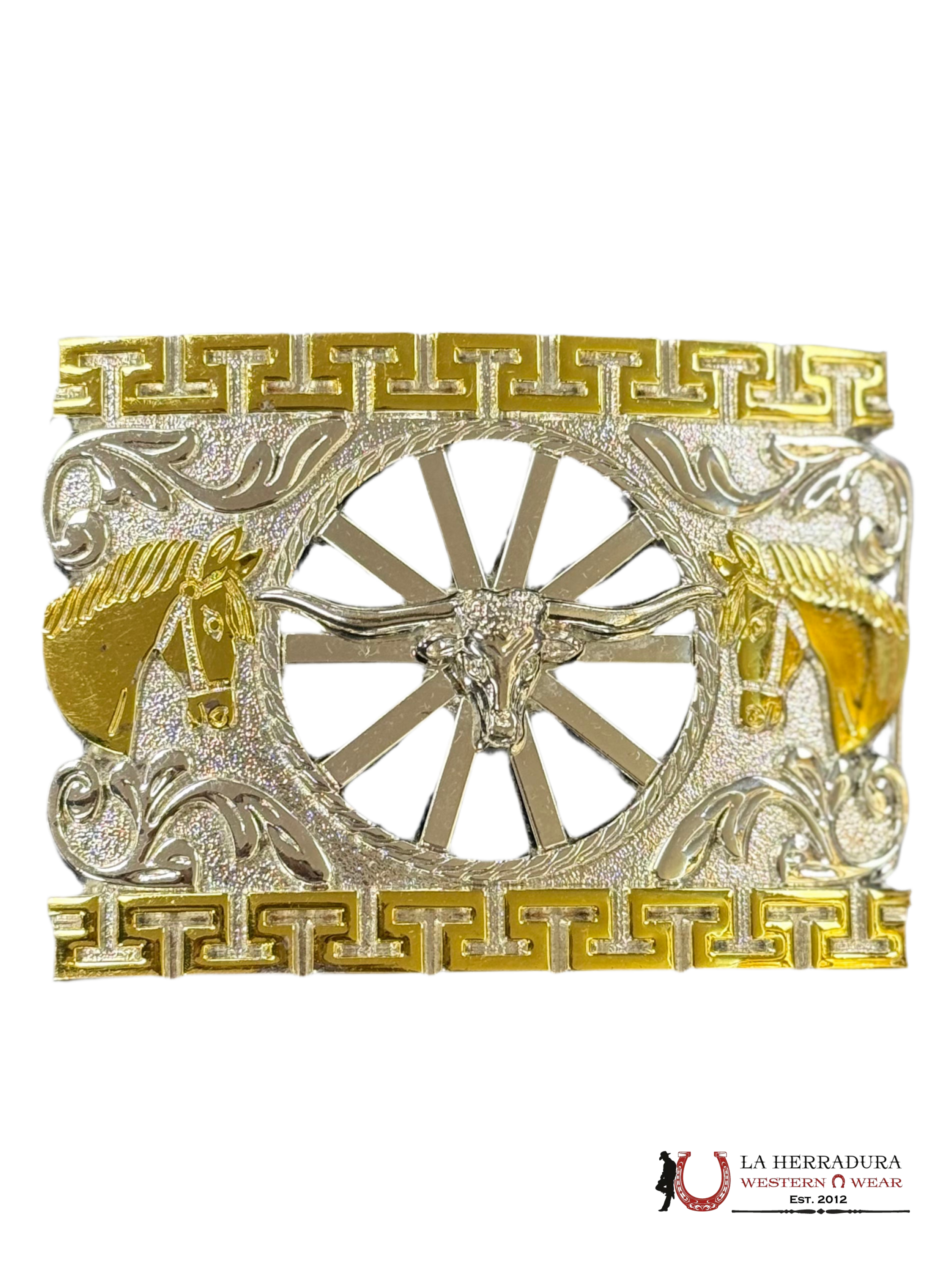 SILVER LONG HORN GOLD DETAILS SQUARE BUCKLE ACCESORIOS