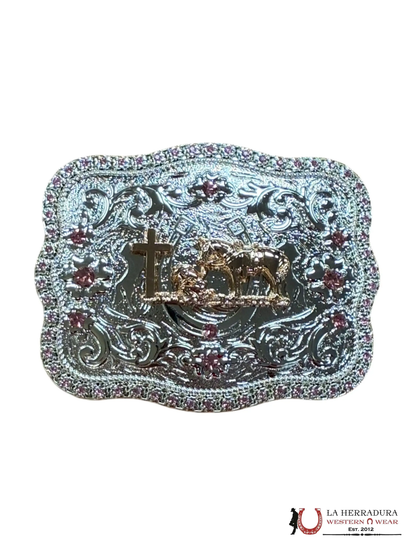 HEBILLA DE ESQUINA REDONDA CON CRUZ DE CABALLO Y DIAMANTES DE IMITACIÓN ROSA PLATEADO