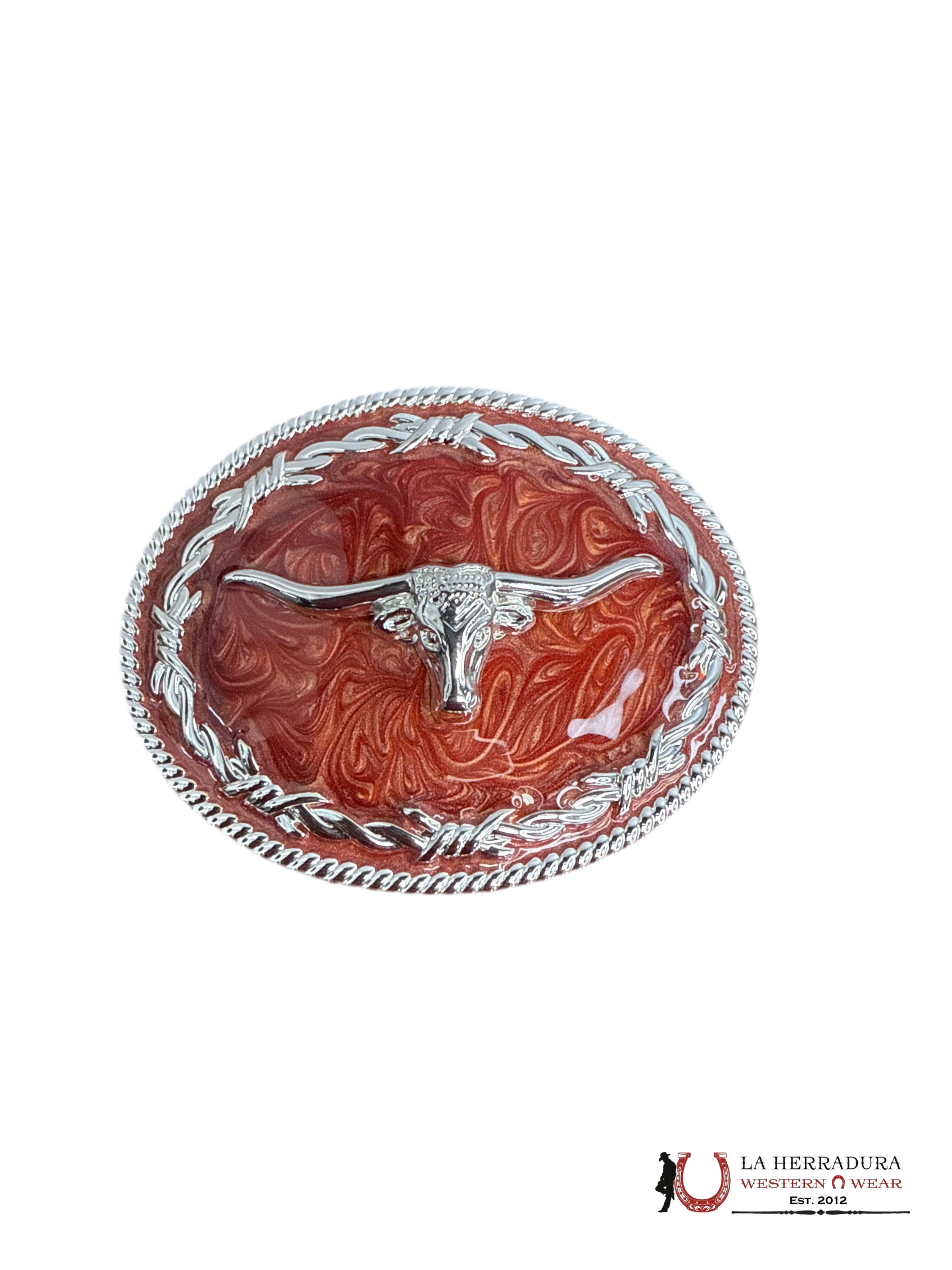 SILVER & RED LONGHORN ROUND BUCKLE 23 ACCESORIOS