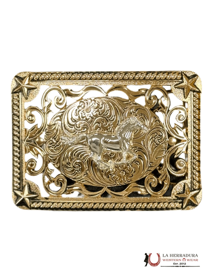 SILVER RUNNING HORSE STAR DETAILS SQUARE BUCKLE