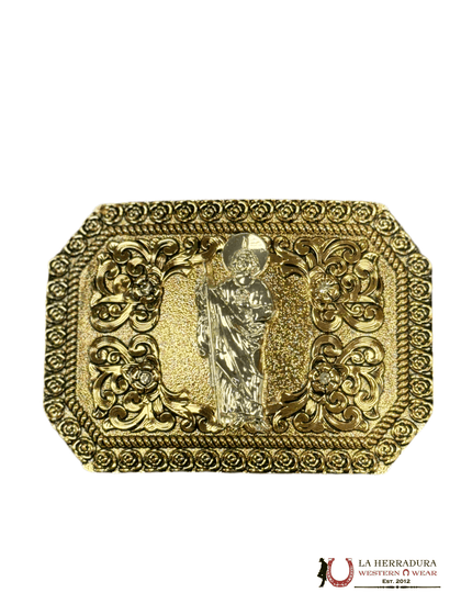SILVER SAN JUDAS FLORAL DESIGN SQUARE BUCKLE