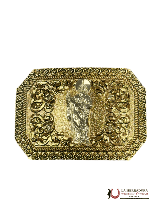 HEBILLA CUADRADA CON DISEÑO FLORAL DE PLATA SAN JUDAS