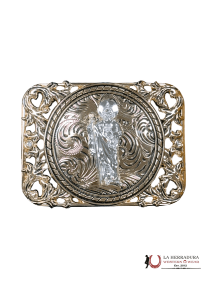 SILVER SAN JUDAS FLORAL DESIGN SQUARE BUCKLE