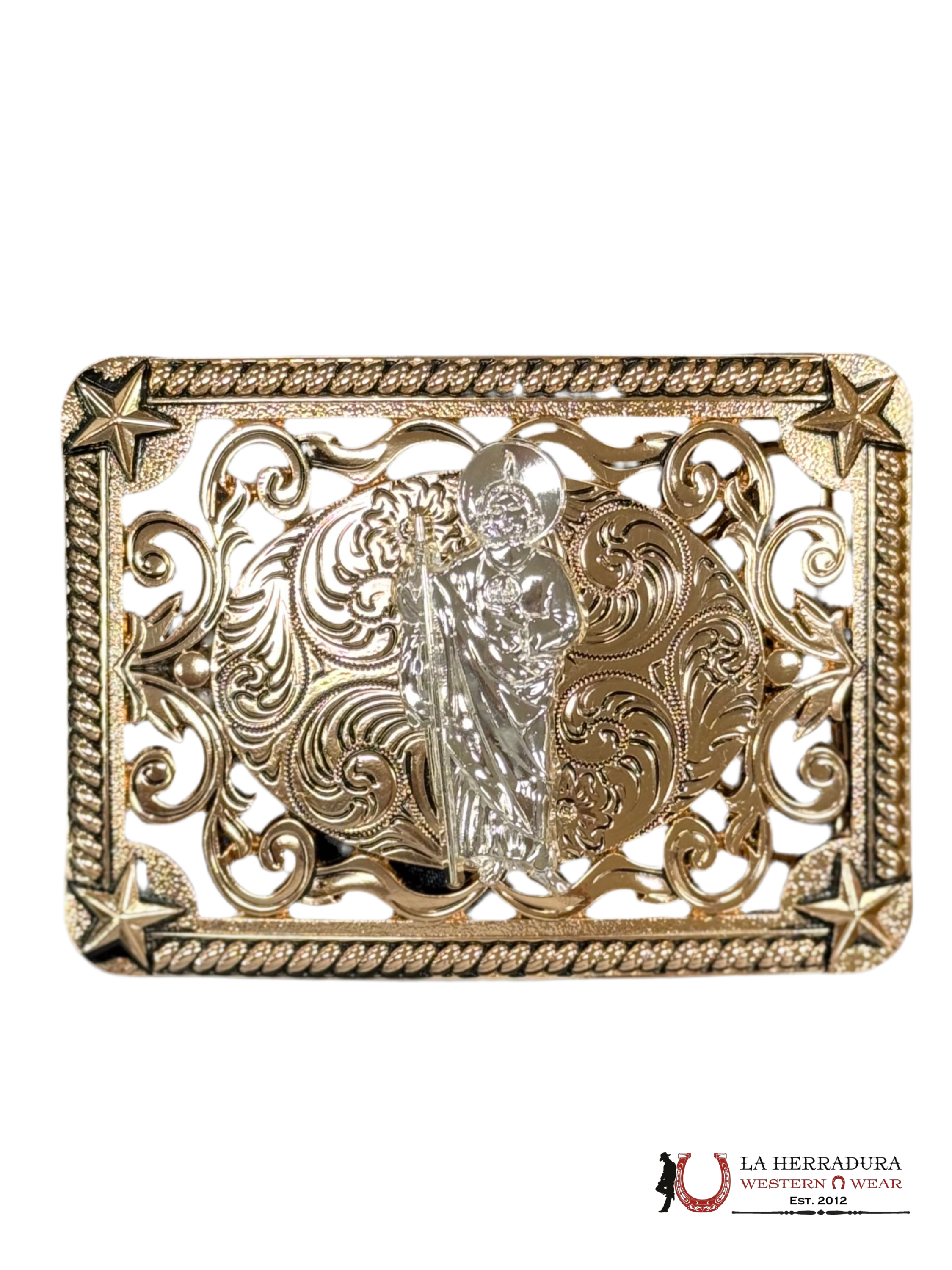SILVER SAN JUDAS STAR DETAILS SQUARE BUCKLE ACCESORIOS