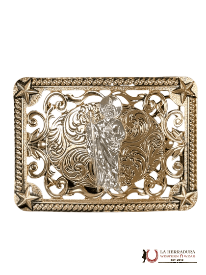 SILVER SAN JUDAS STAR DETAILS SQUARE BUCKLE