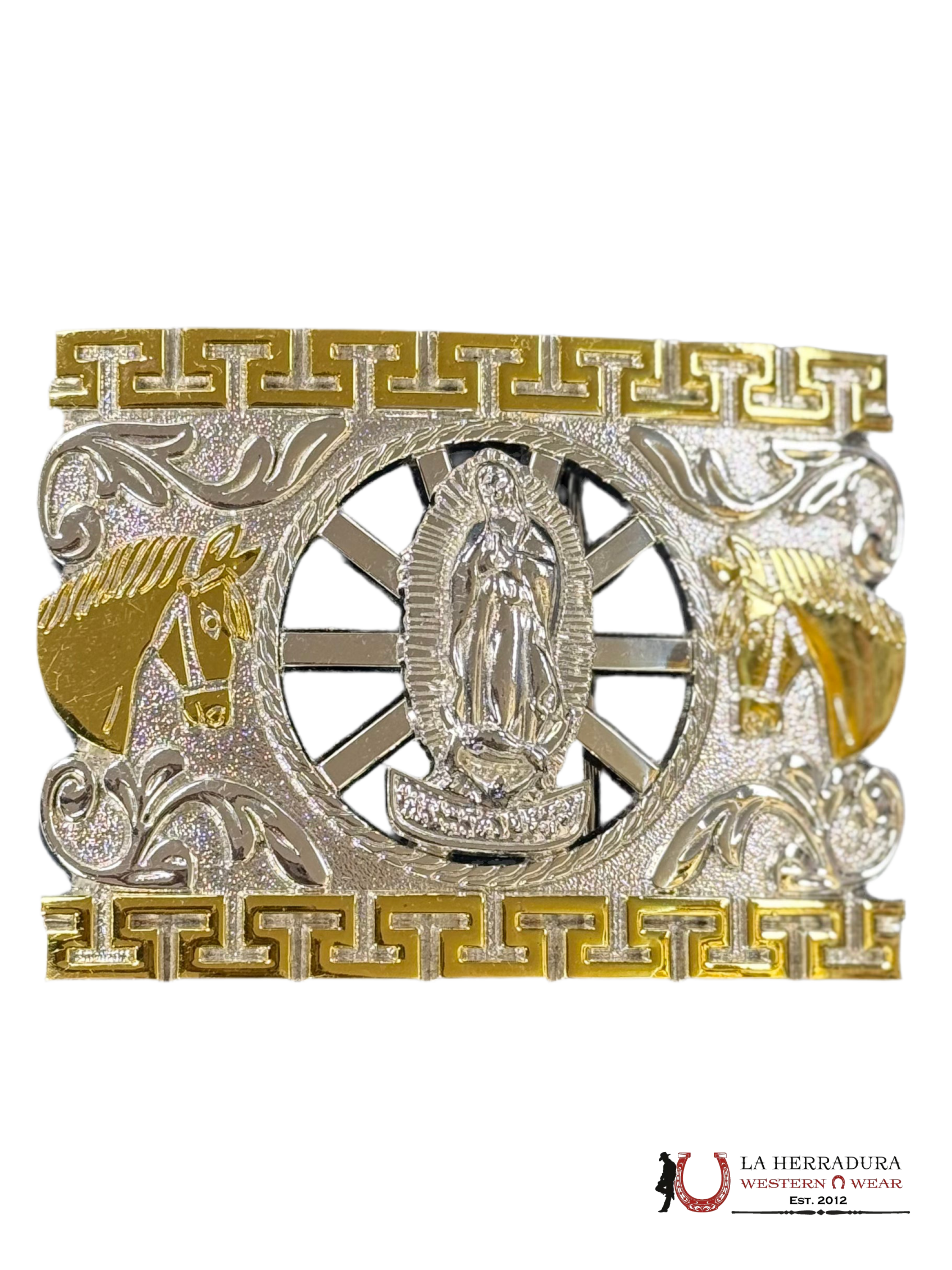 SILVER VIRGEN DE GUADALUPE GOLD DETAILS SQUARE BUCKLE ACCESORIOS