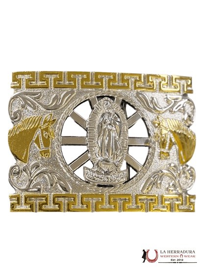 HEBILLA CUADRADA DE PLATA VIRGEN DE GUADALUPE CON DETALLES EN ORO