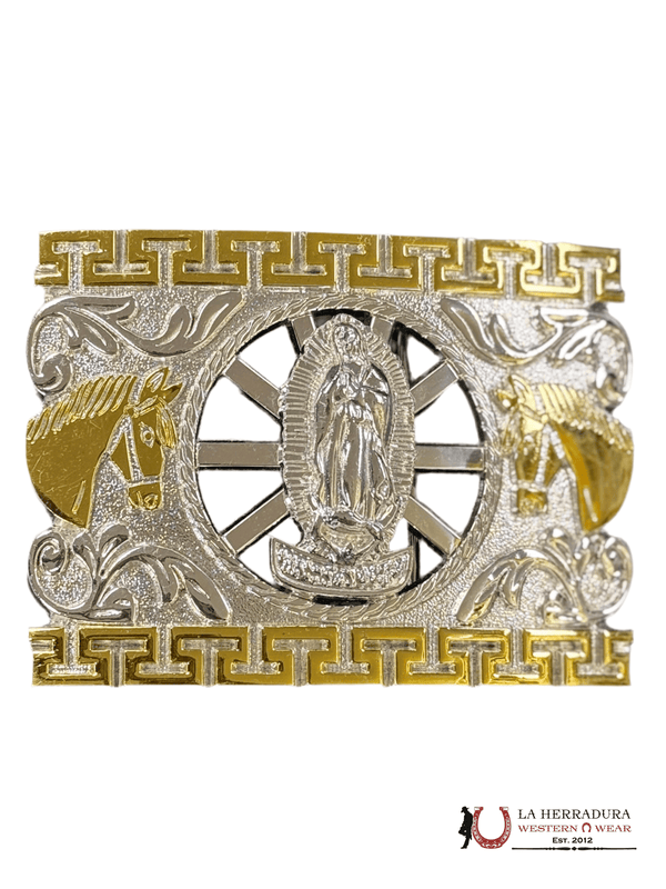 HEBILLA CUADRADA DE PLATA VIRGEN DE GUADALUPE CON DETALLES EN ORO