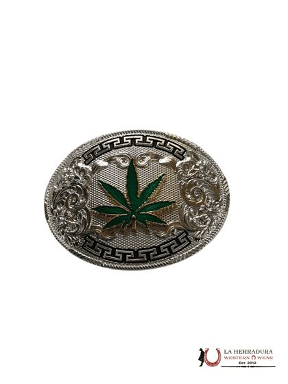 SILVER WITH GREEN AND GOLD CANNABIS ROUND BUCKLE