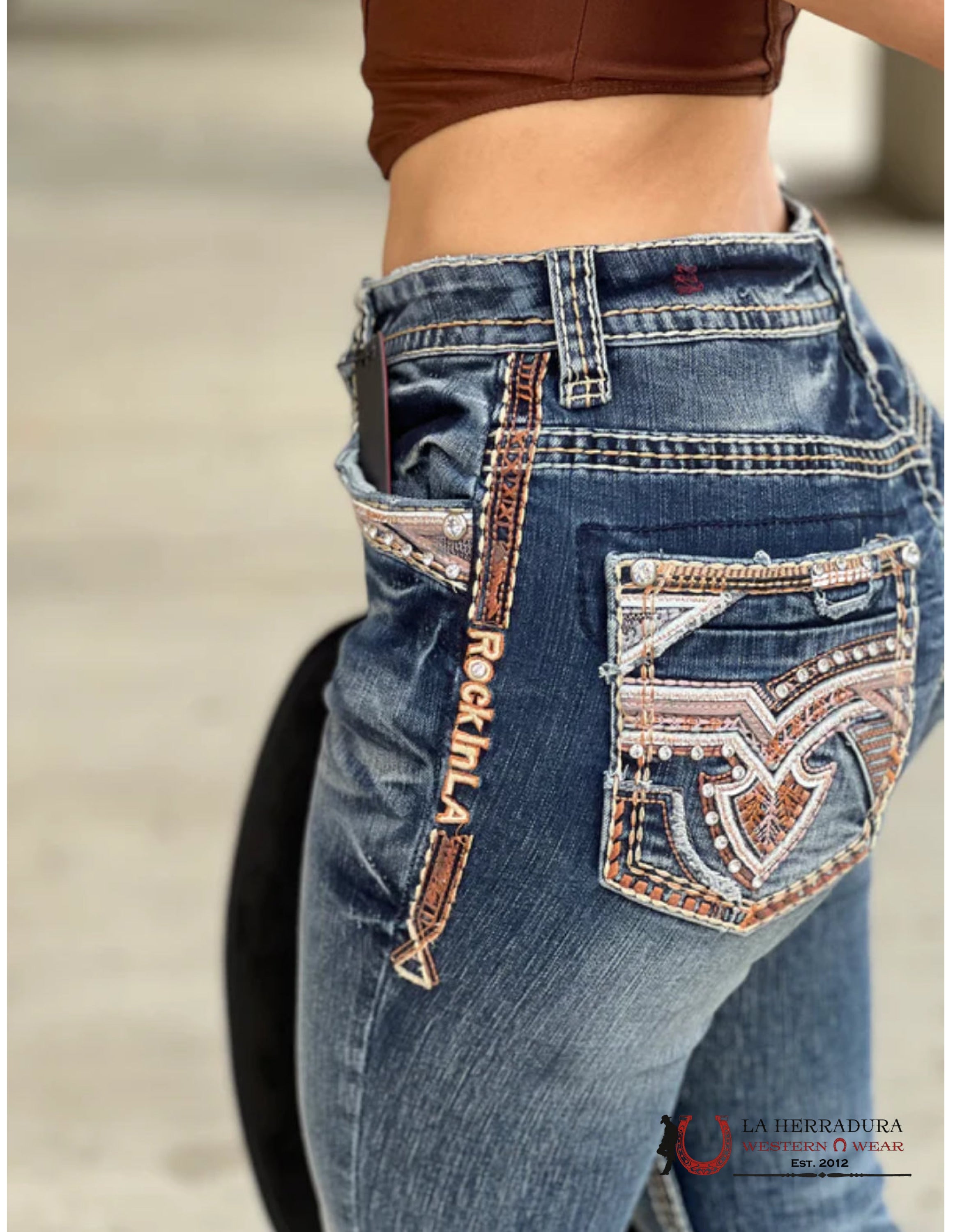 SOFIA ROCK IN LA JEAN BOOT CUT DARK WASH BROWN & WHITE EMBROIDERY RHINESTONE RA-9319-PB ROPA MUJERES