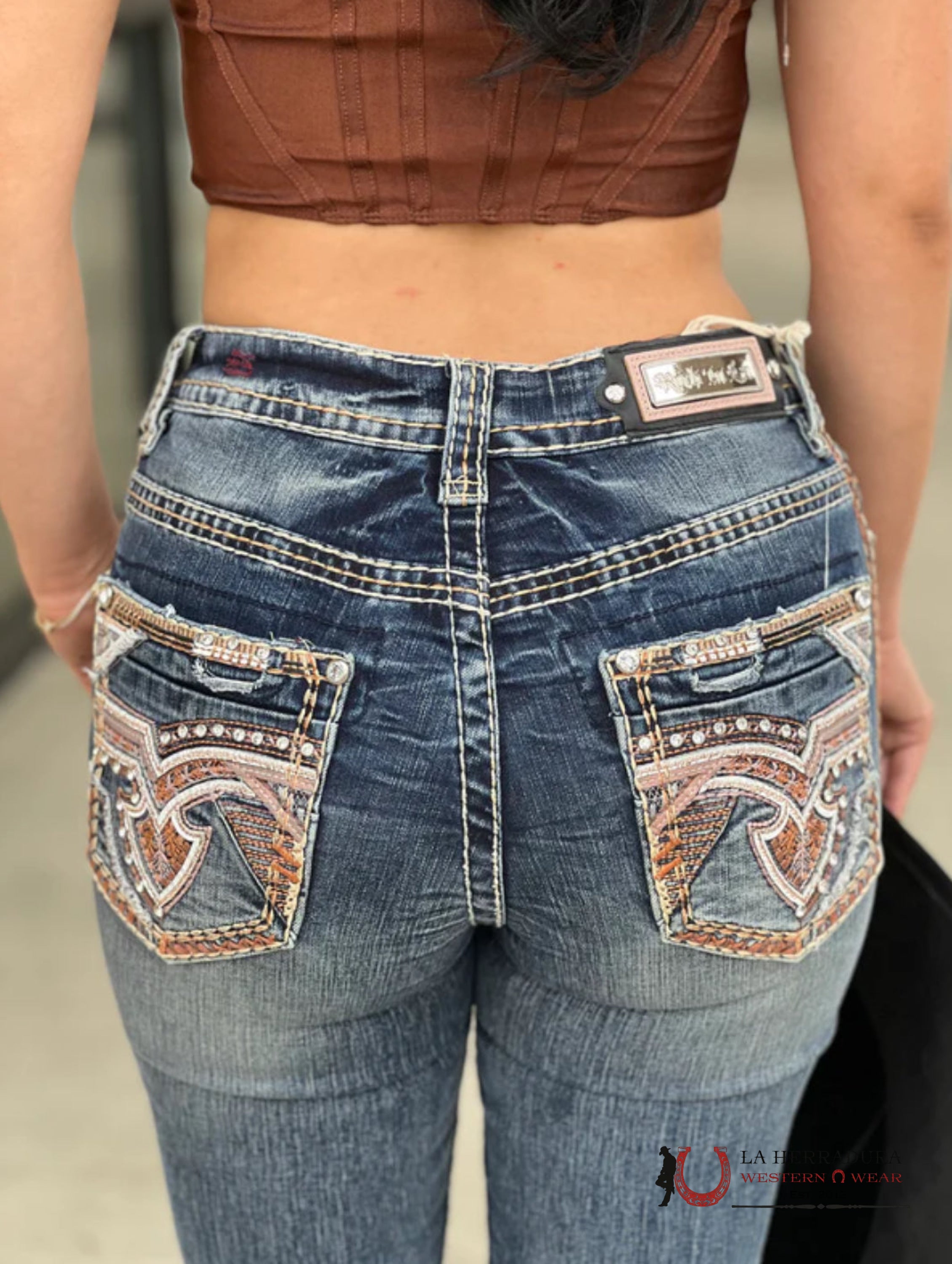 SOFIA ROCK IN LA JEAN BOOT CUT DARK WASH BROWN & WHITE EMBROIDERY RHINESTONE RA-9319-PB ROPA MUJERES