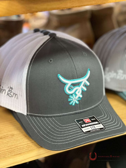 SPIN EM CAP TEAL WHITE LOGO GREY FRONT