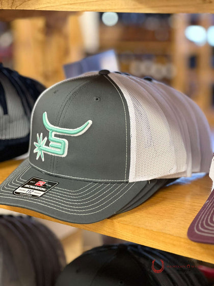 SPIN EM WHITE MESH GREY FRONT TEAL LOGO