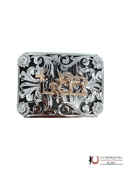 CUADRADO NEGRO Y PLATA CON HEBILLA JINETE ORO 5