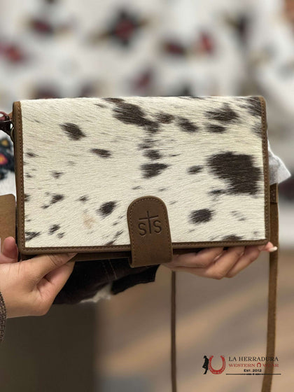 STS RANCHWEAR BROWN & WHITE COWHIDE YET2Y ORGANIZER CROSS BODY WALLET
