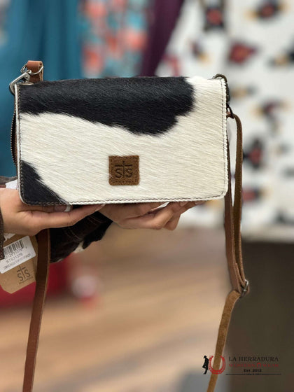 STS RANCHWEAR CROSSBODY UNIQUE COWHIDE BLACK & WHITE SADDLE TRAMP EVIE ORGANIZER