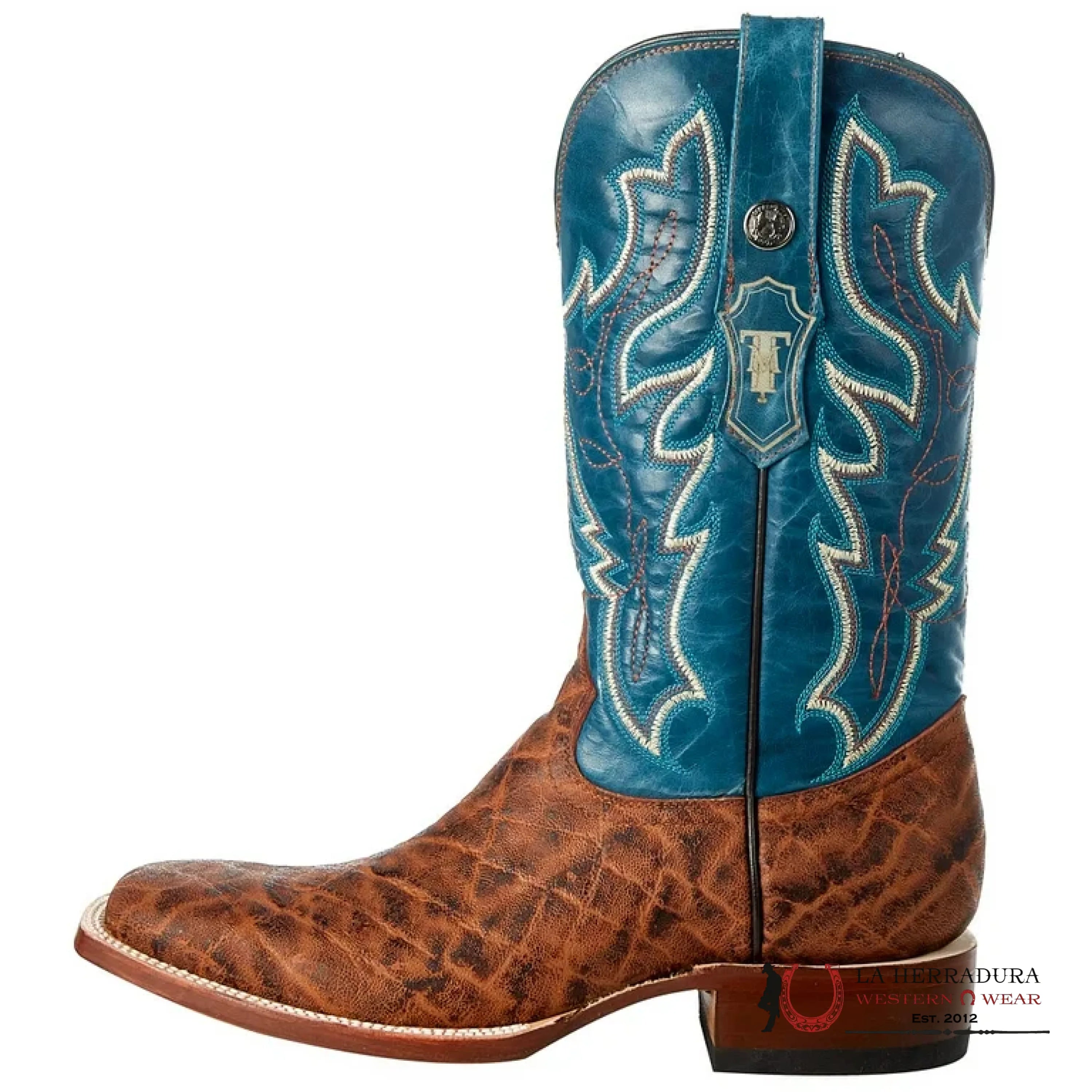 Tanner Mark Boots Men` s Tanner Mark Classic Matte Coganc Elephant Print Matte Blue Volcano Top Cognac- TM200976 BOTAS