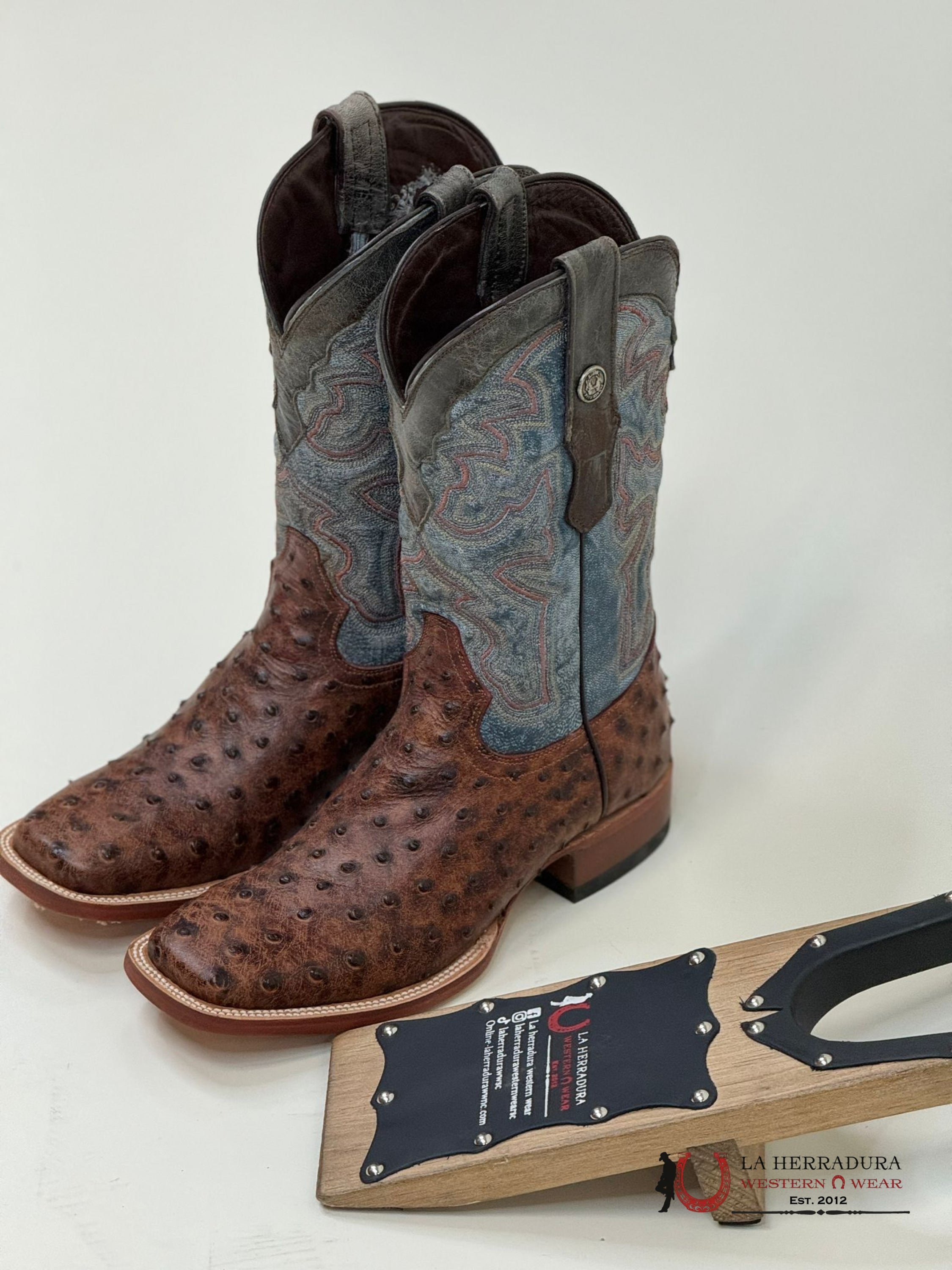 Tanner Mark Boots Print Ostrich Skin Blue Fontana Top Botas Hombres