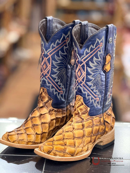 Botas TMX208128 para hombre de cuero exótico de TANNER MARK, con pespunte triple Monster Fish Ginger (parte superior Blue Volcano)