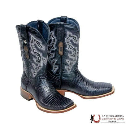 TANNER MARK MEN’S Botas Vaqueras de Estampado de Lagarto Negras BLACK FANGO SUELA DE PIEL SUPERIOR - TM200968