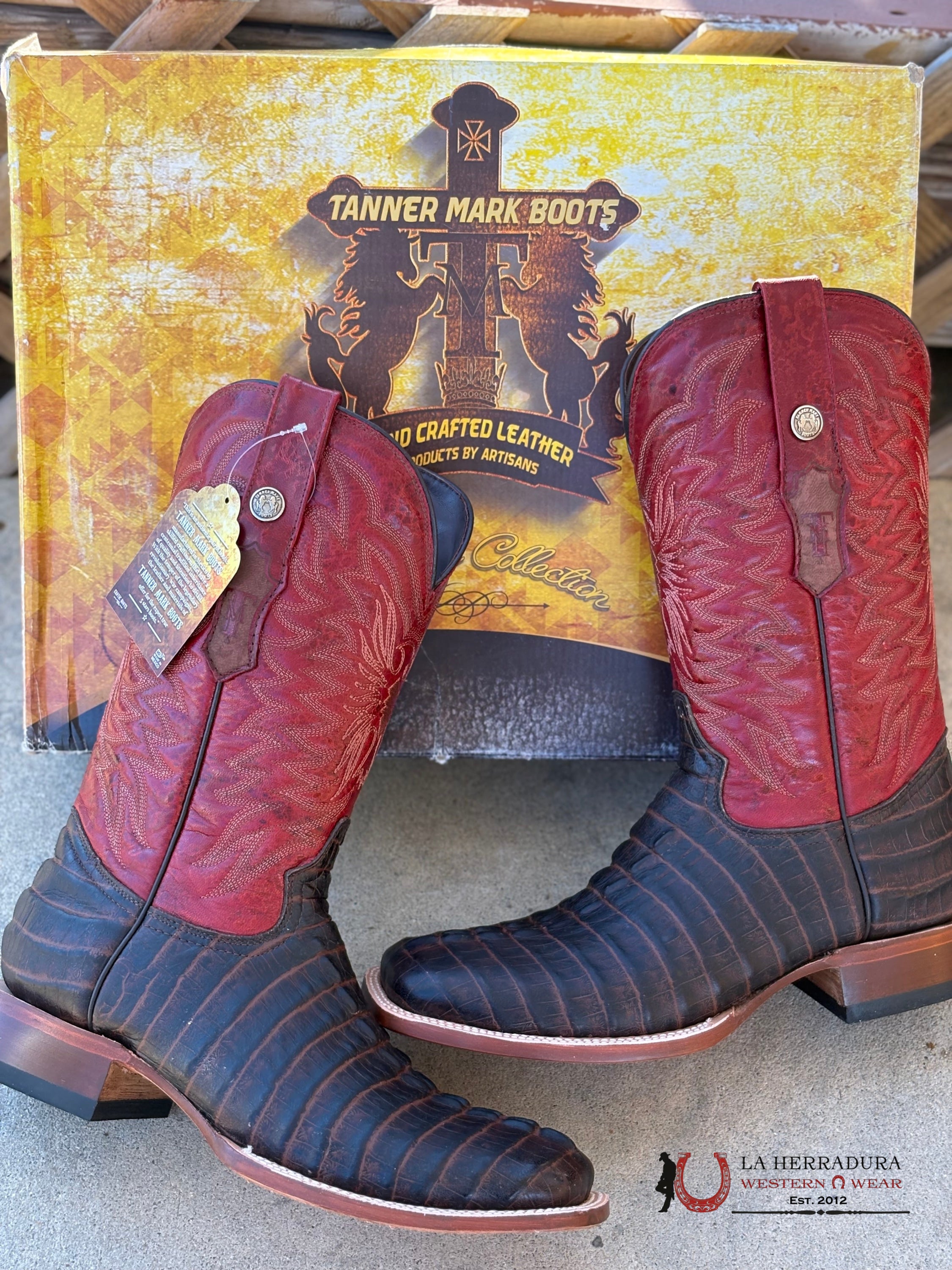 TANNER MARK MENS PRINT CAIMAN TAIL MATTEE BROWN FANGO RED TOP- 5538 BOTAS HOMBRES