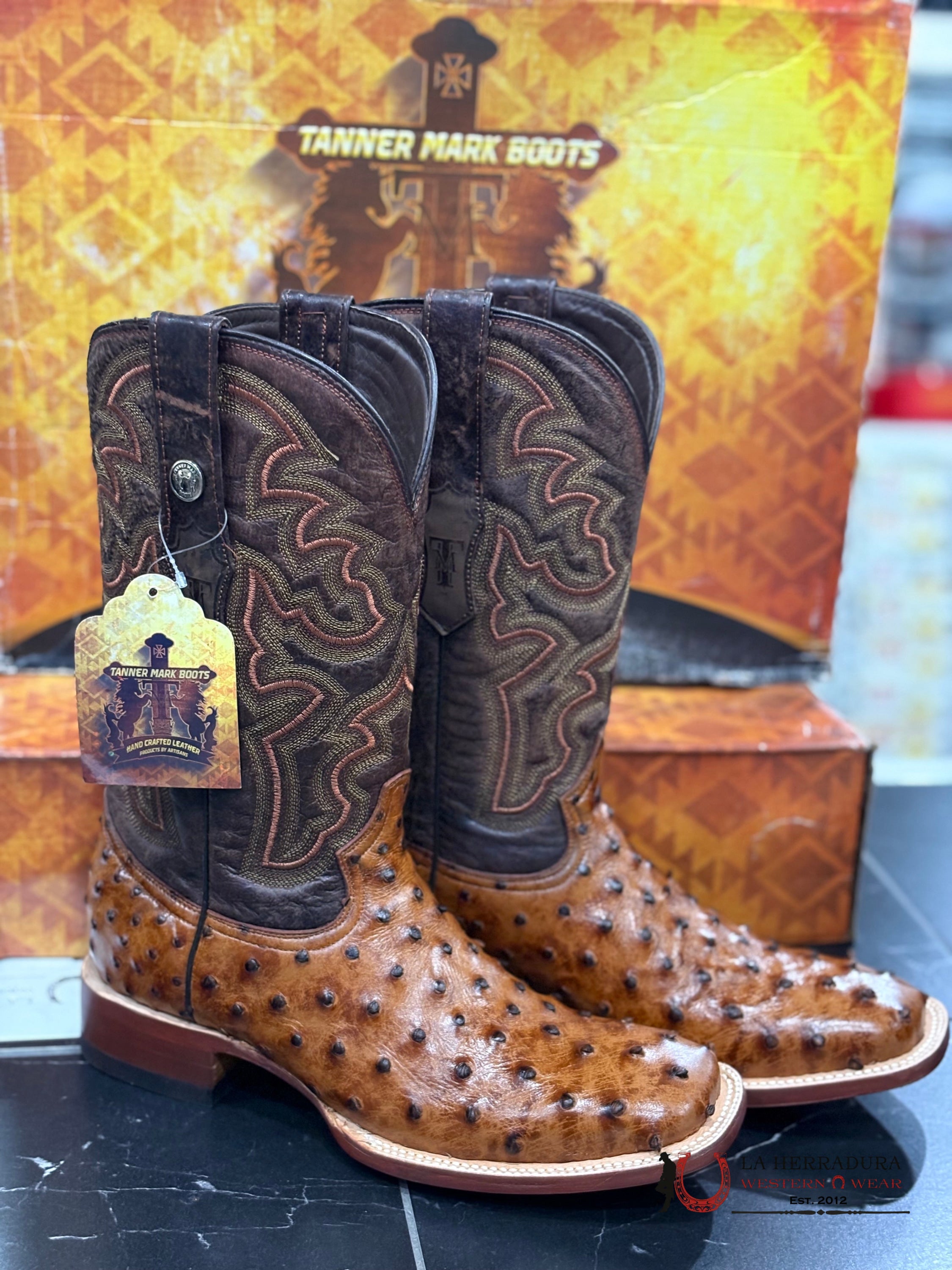 TANNER MARK MENS PRINT OSTRICH COGÑAC OKLAHOMA TOP-0961 BOTAS HOMBRES