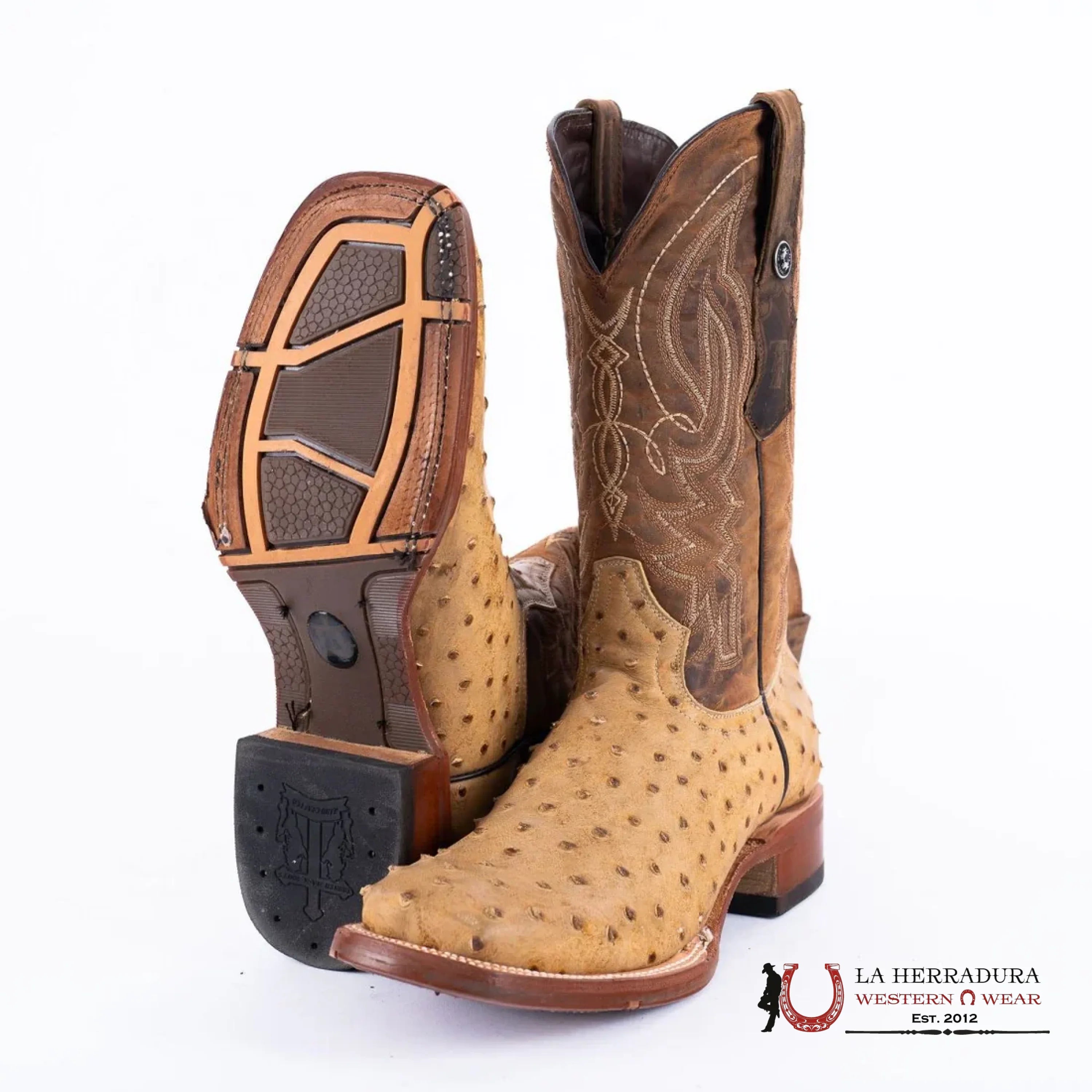 TANNER MARK MEN’S PRINT OSTRICH SQUARE TOE BOOTS ANTIQUE SADDLE TM205556 BOTAS HOMBRES