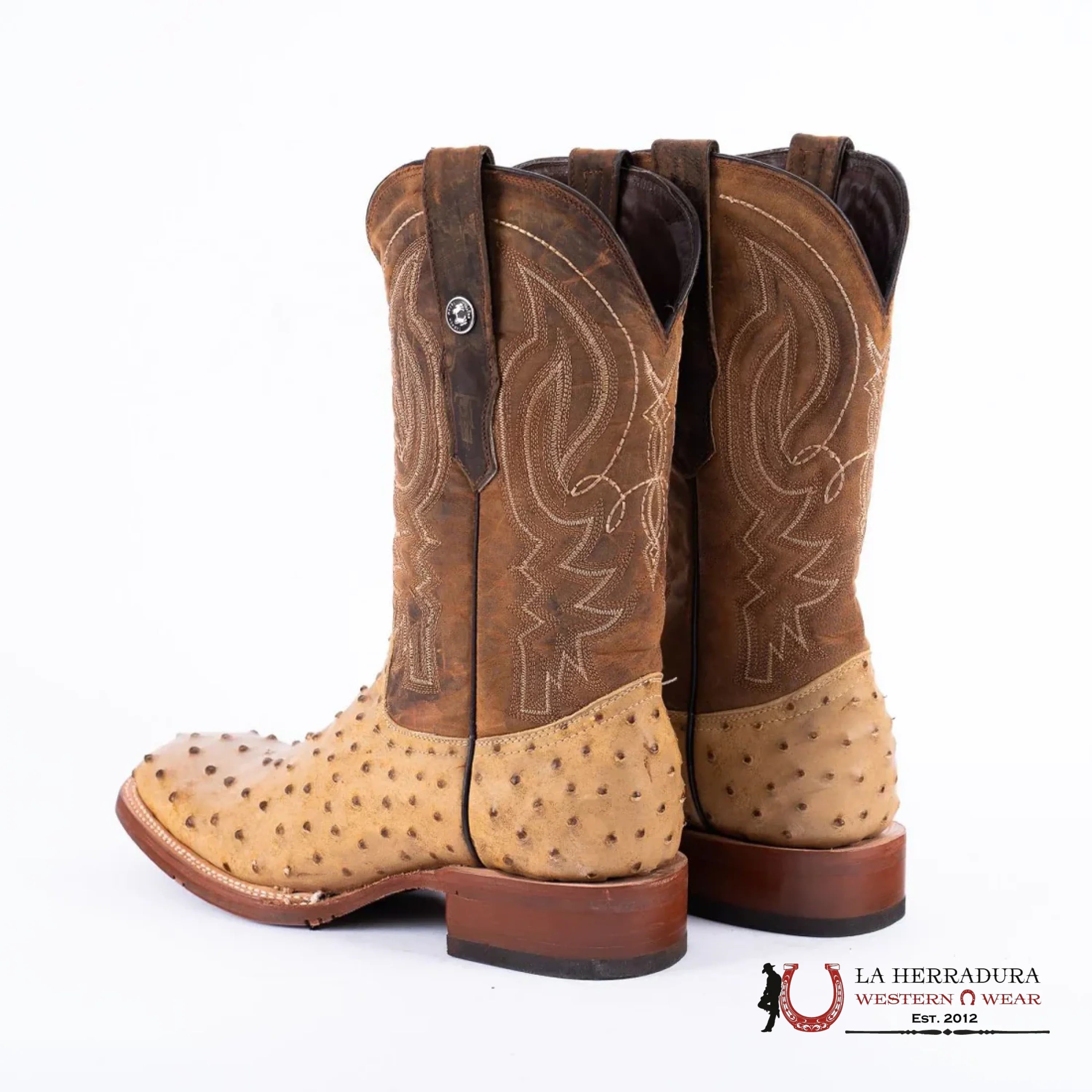 TANNER MARK MEN’S PRINT OSTRICH SQUARE TOE BOOTS ANTIQUE SADDLE TM205556 BOTAS HOMBRES