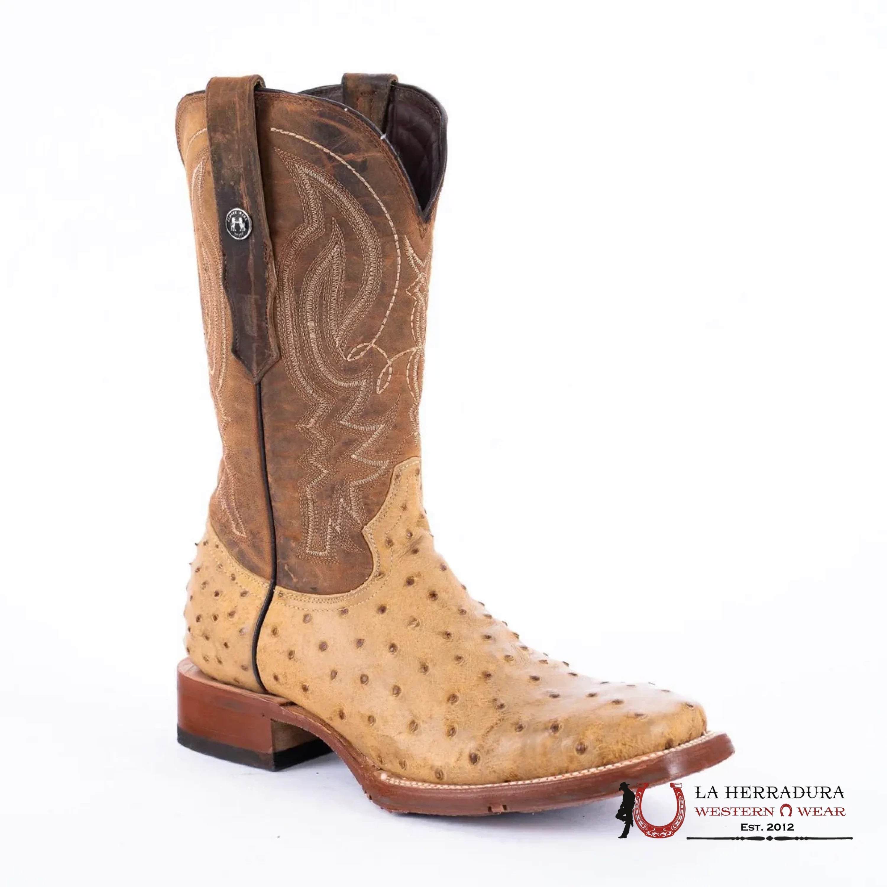 TANNER MARK MEN’S PRINT OSTRICH SQUARE TOE BOOTS ANTIQUE SADDLE TM205556 BOTAS HOMBRES