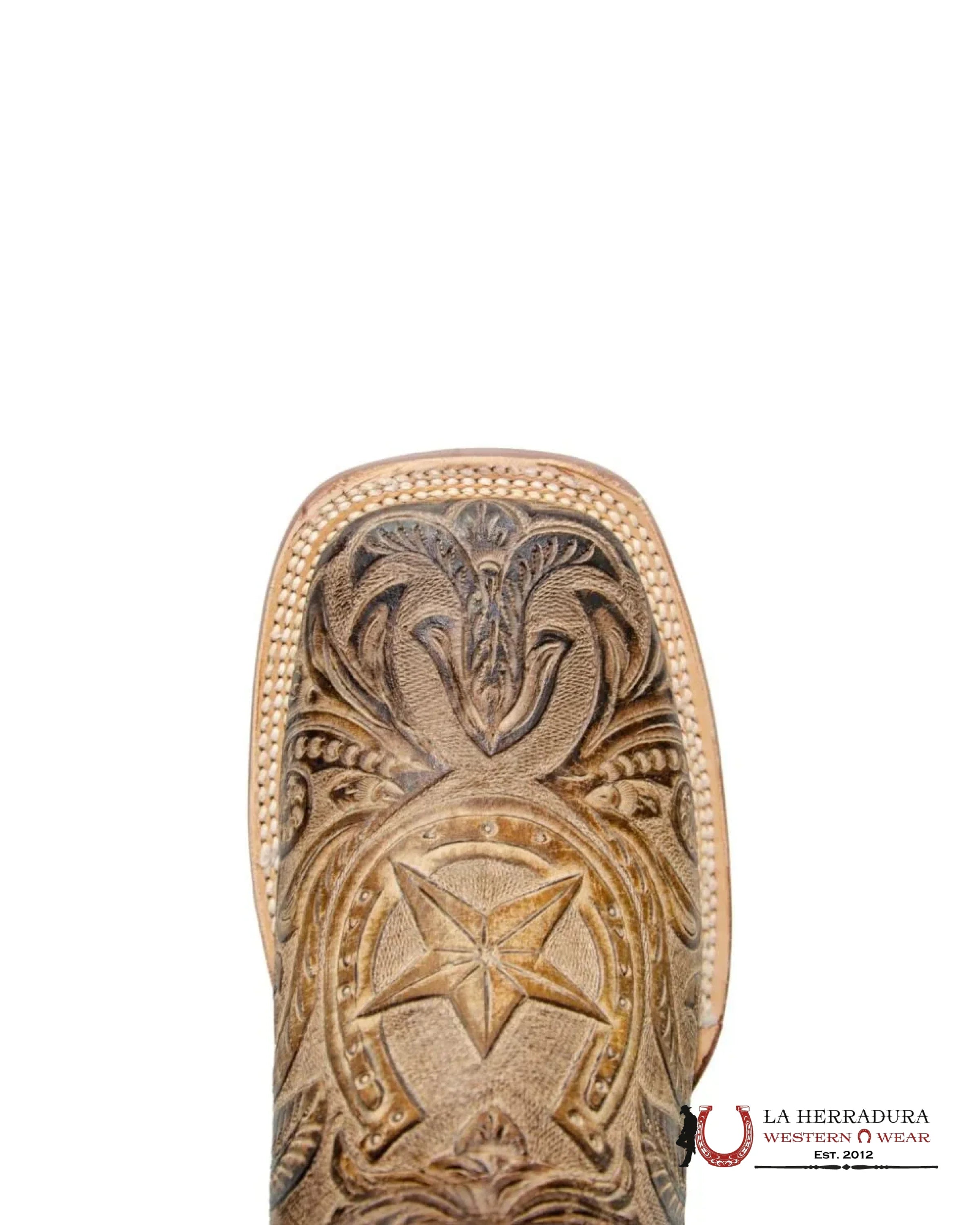 TANNER MARK MEN’S PRINTHAND TOOLED HORSESHOE (Everest Honey Top) SQUARE TOE BOOTS BROWN TM205542 BOTAS HOMBRES