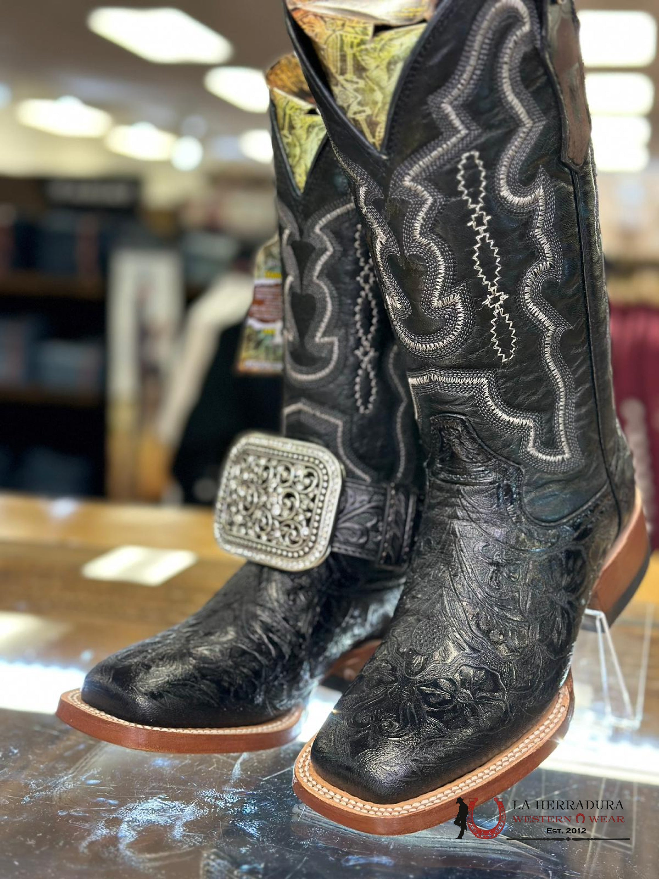 Tanner Mark Women’s Black Fango Top Hand Tooled Print Botas Mujeres