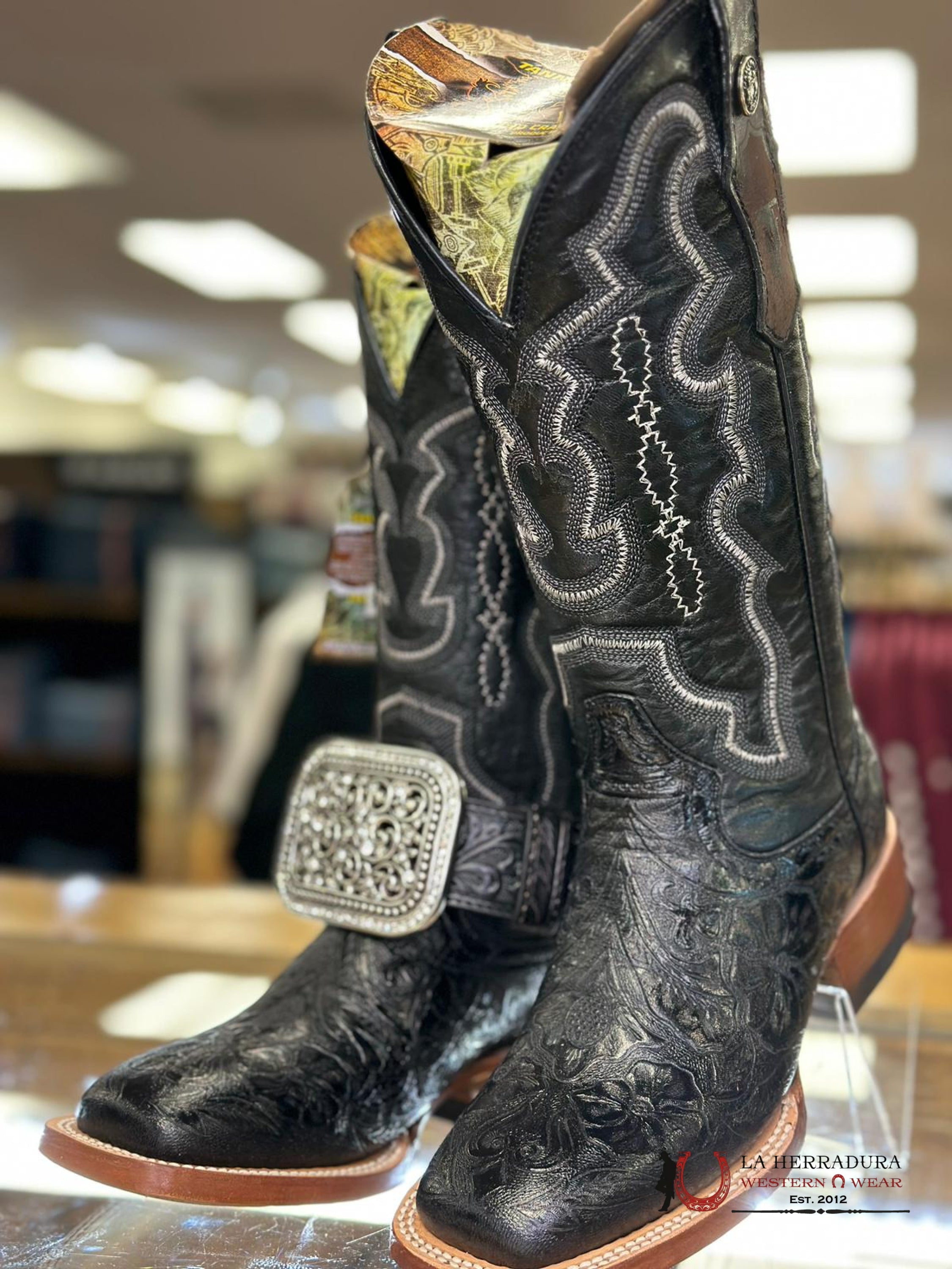 Tanner Mark Women’s Black Fango Top Hand Tooled Print Botas Mujeres