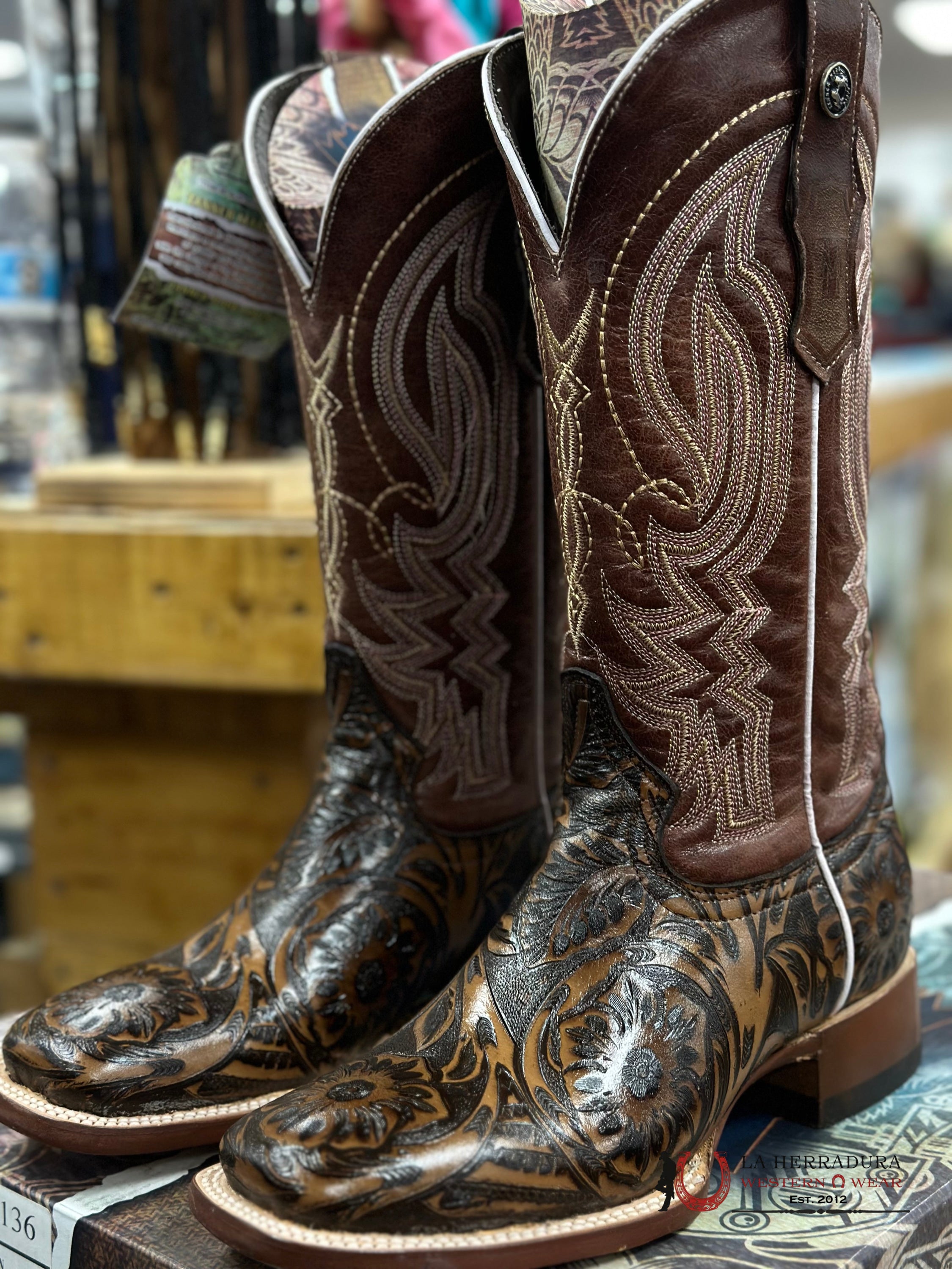 Tanner Mark Womens Hand Tooled Italo Orix Print Jungle Brown 207136 Botas Mujeres