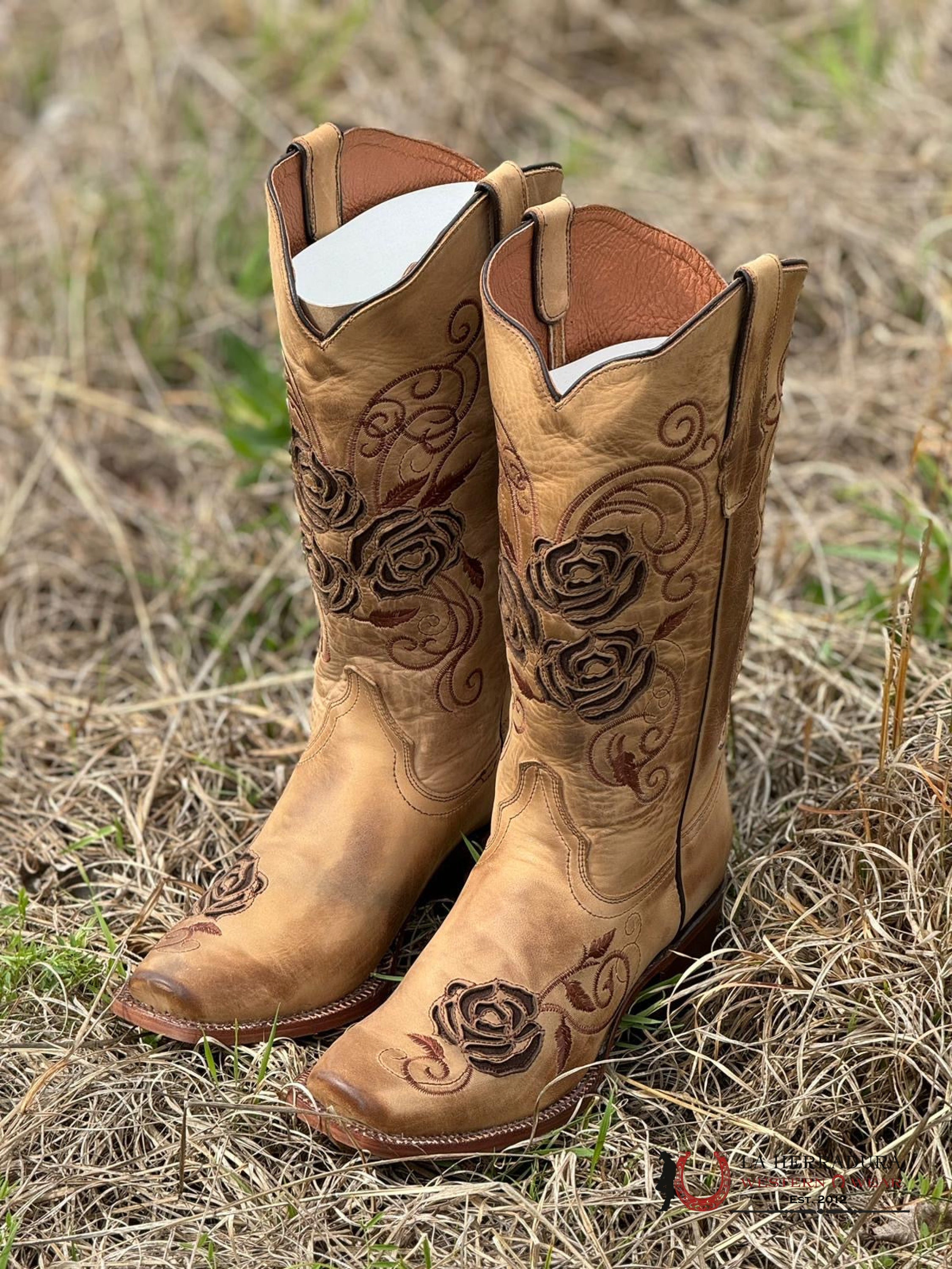 Tanner Mark Women’s Mcallen Sand With Brown Roses Inlay Botas Mujeres