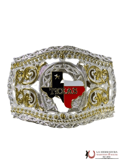 HEBILLA REDONDA DORADA Y PLATEADA CON LA BANDERA DE TEXAS