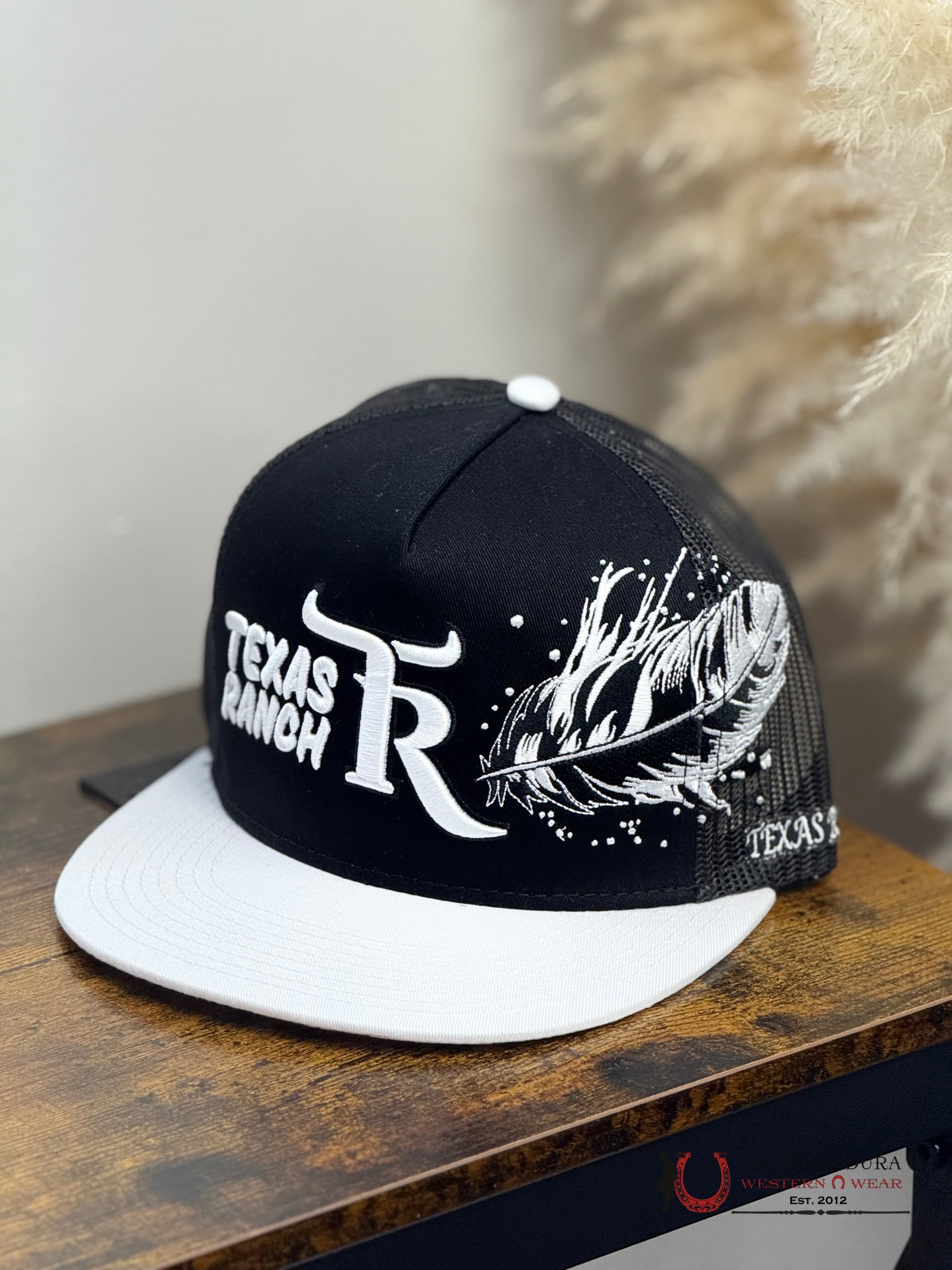 TEXAS RANCH white Style 014 pluma blanco con negro hat CAPS MENS GORRAS HOMBRES