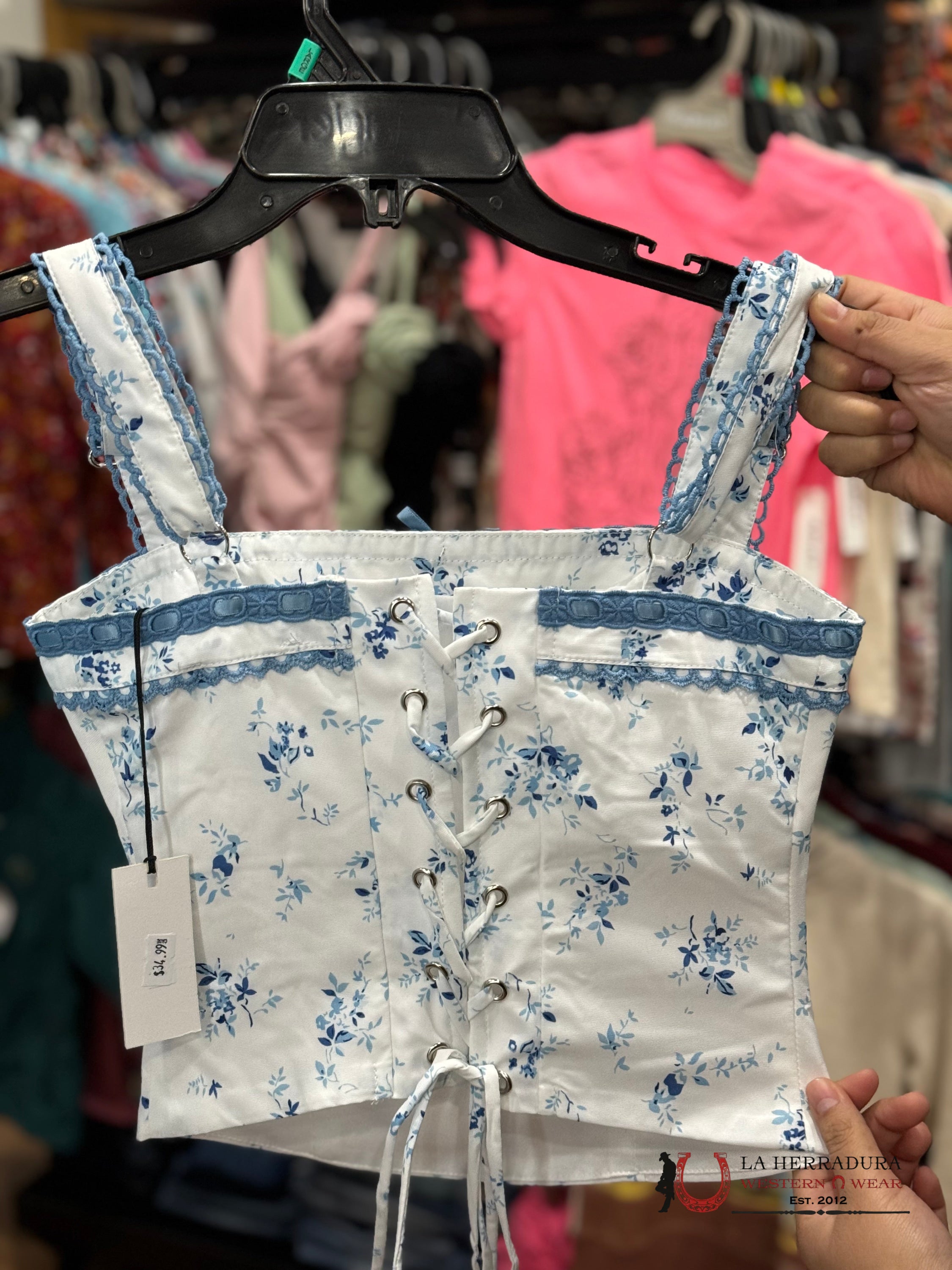 Tictoc White Baby Blue Floral Print Strap Top Ropa Mujeres