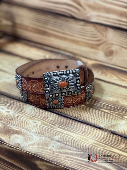 CINTURÓN DE CUERO GRABADO CON FLORES COGNAC TONY DILAZ PARA MUJER CON HEBILLA NARANJA 2406