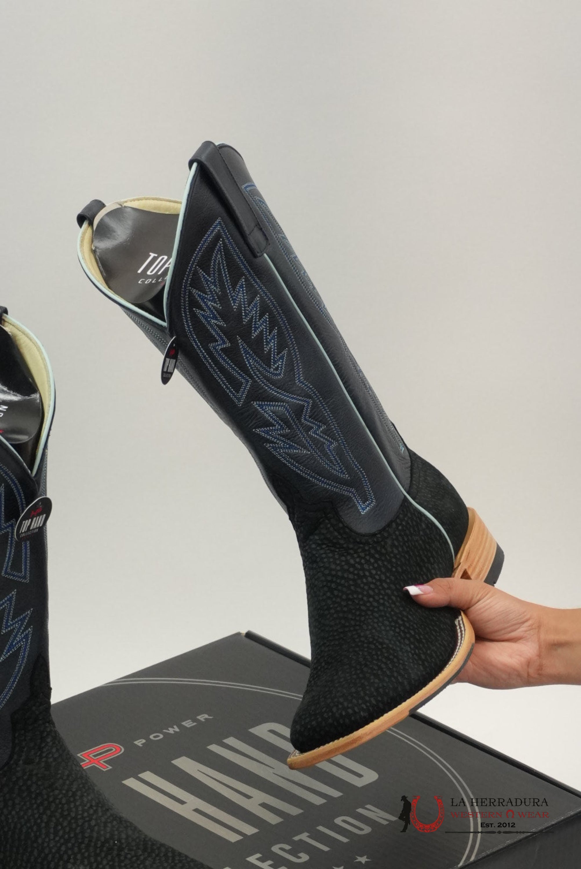 TOP HAND COLLECTION MEN BOOTS BLACK CARPINCHO BLUE TUBE STITCHING SQUARE TOE HP8084 BOTAS HOMBRES