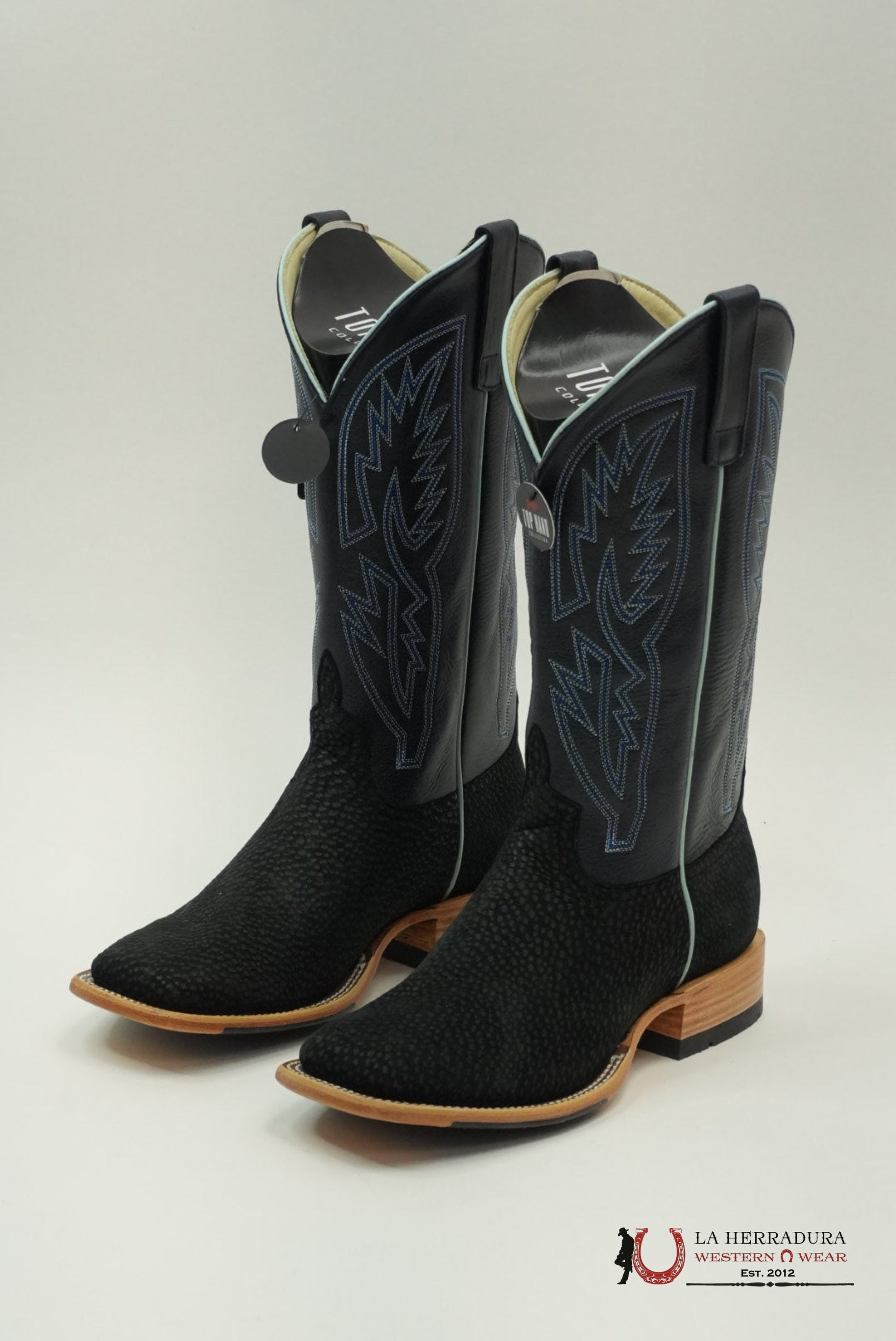 TOP HAND COLLECTION MEN BOOTS BLACK CARPINCHO BLUE TUBE STITCHING SQUARE TOE HP8084 BOTAS HOMBRES