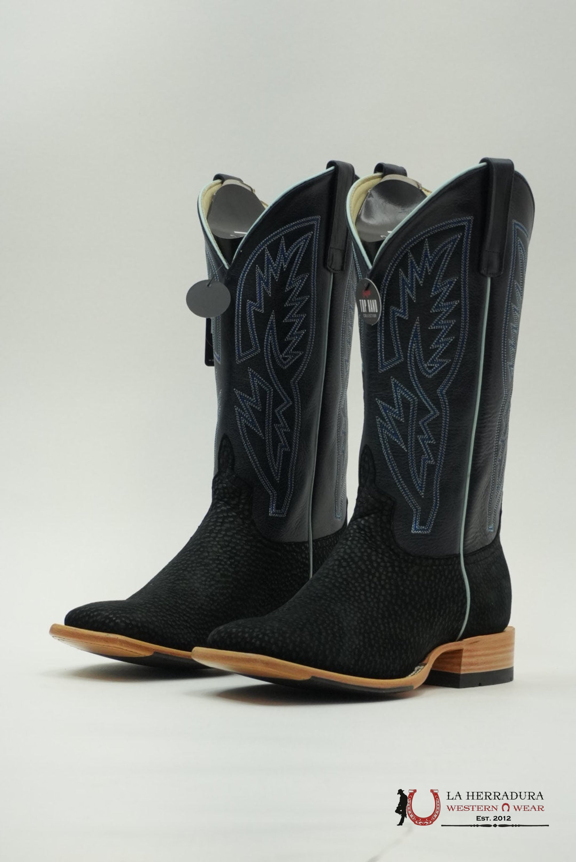 TOP HAND COLLECTION MEN BOOTS BLACK CARPINCHO BLUE TUBE STITCHING SQUARE TOE HP8084 BOTAS HOMBRES