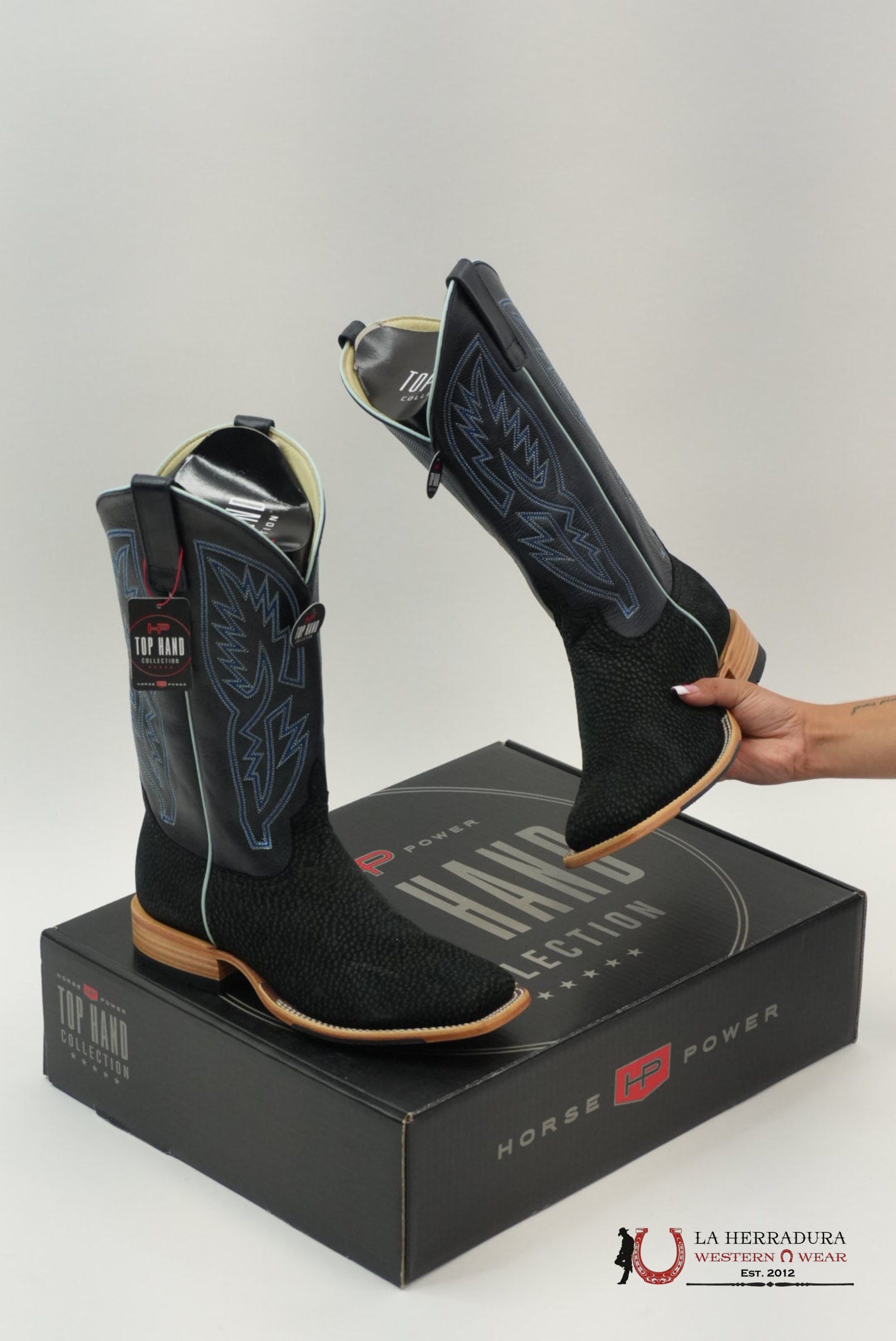 TOP HAND COLLECTION MEN BOOTS BLACK CARPINCHO BLUE TUBE STITCHING SQUARE TOE HP8084 BOTAS HOMBRES