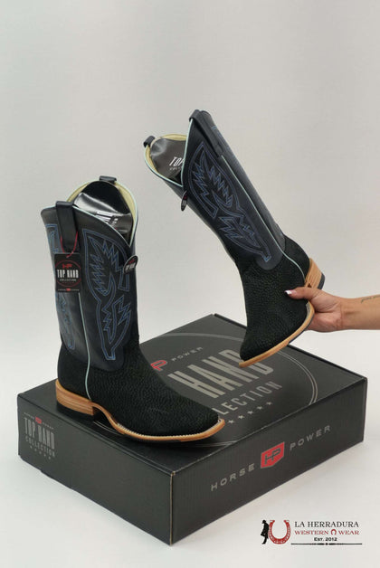 TOP HAND COLLECTION MEN BOOTS BLACK CARPINCHO BLUE TUBE STITCHING SQUARE TOE HP8084