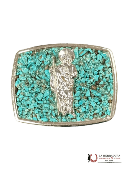 HEBILLA CUADRADA DE PLATA SAN JUDAS CON TURQUESA